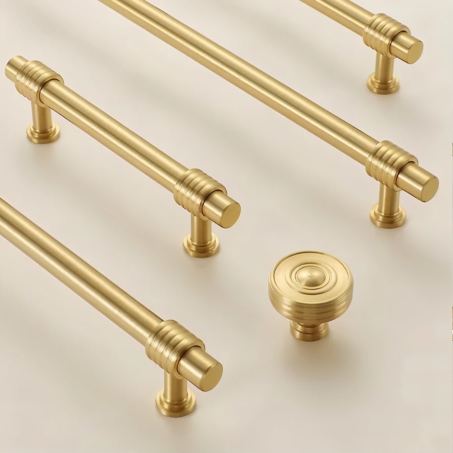 Ribbed Brass Cabinet Knobs & Drawer Pulls, Classic Kitchen & Vanity Hardware, Concentric Detail, Set of 2, 1-12.5in