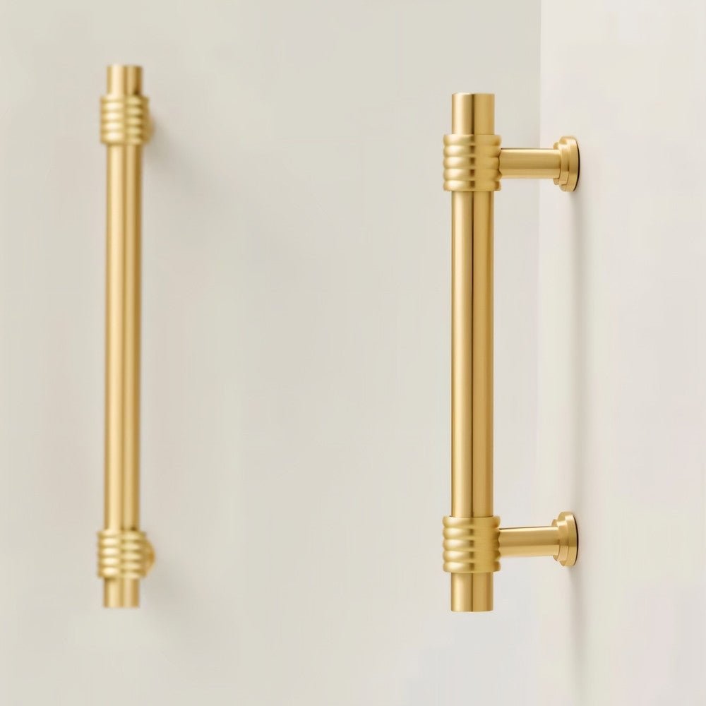 Ribbed Brass Cabinet Knobs & Drawer Pulls, Classic Kitchen & Vanity Hardware, Concentric Detail, Set of 2, 1-12.5in