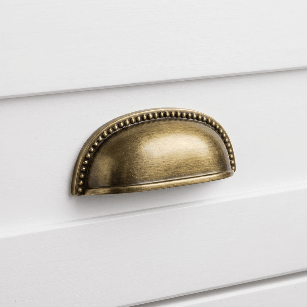 Solid Brass Cup Drawer Pulls, Traditional Kitchen & Vanity Hardware, Beaded Edge Detail, Set of 2 Pieces, 3in Hole Spacing