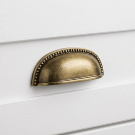 Solid Brass Cup Drawer Pulls, Traditional Kitchen & Vanity Hardware, Beaded Edge Detail, Set of 2 Pieces, 3in Hole Spacing