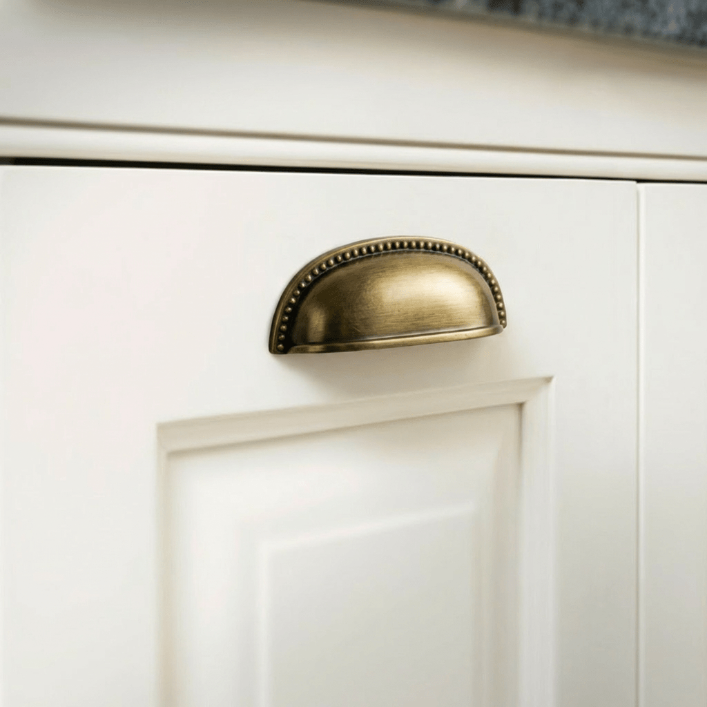Solid Brass Cup Drawer Pulls, Traditional Kitchen & Vanity Hardware, Beaded Edge Detail, Set of 2 Pieces, 3in Hole Spacing
