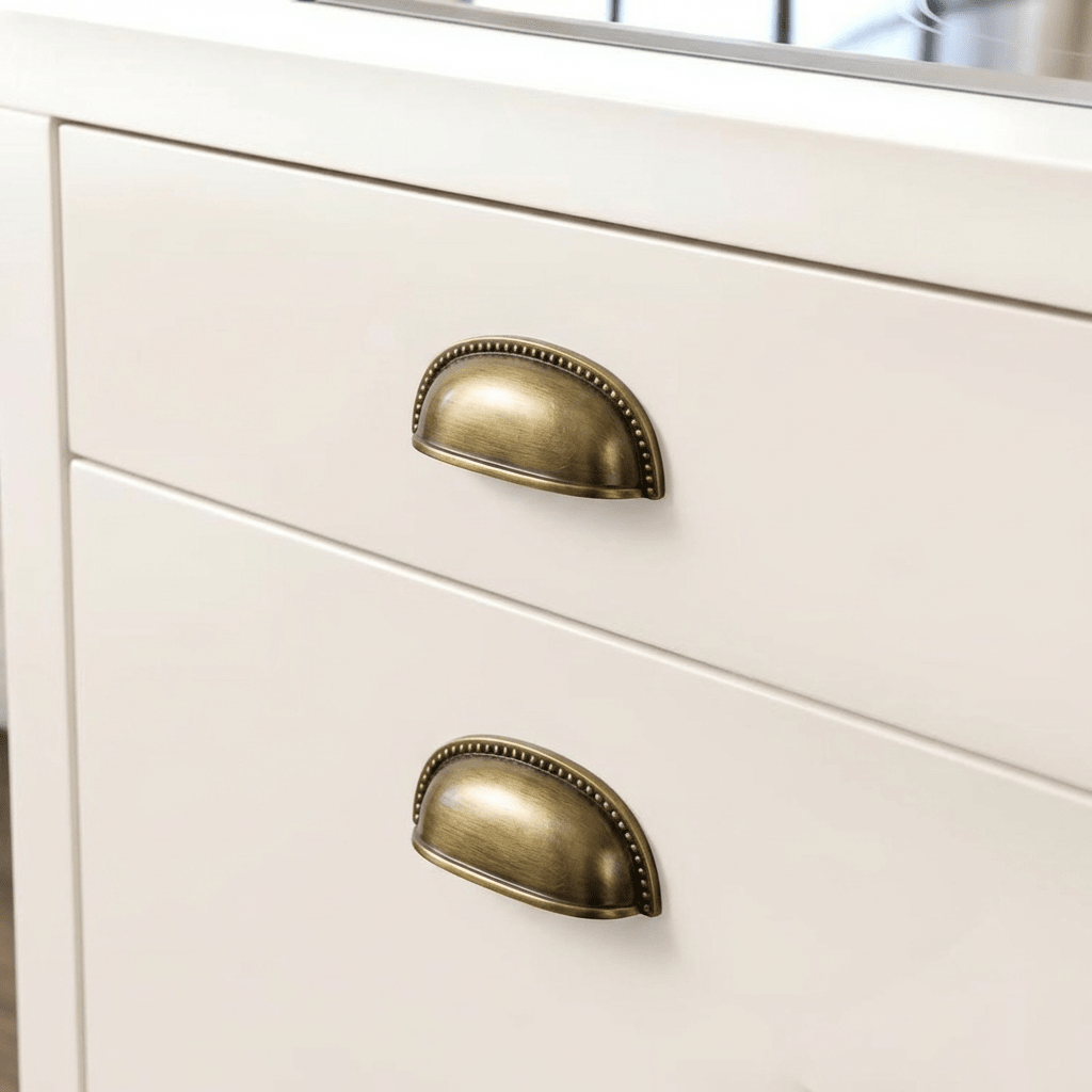 Solid Brass Cup Drawer Pulls, Traditional Kitchen & Vanity Hardware, Beaded Edge Detail, Set of 2 Pieces, 3in Hole Spacing
