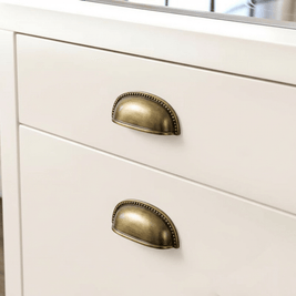 Solid Brass Cup Drawer Pulls, Traditional Kitchen & Vanity Hardware, Beaded Edge Detail, Set of 2 Pieces, 3in Hole Spacing