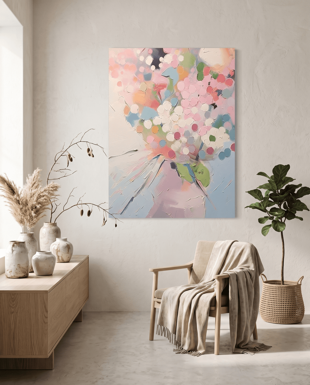 Pastel Bloemenboeket – Abstract Schilderij (Wit & Roze) - Volsani