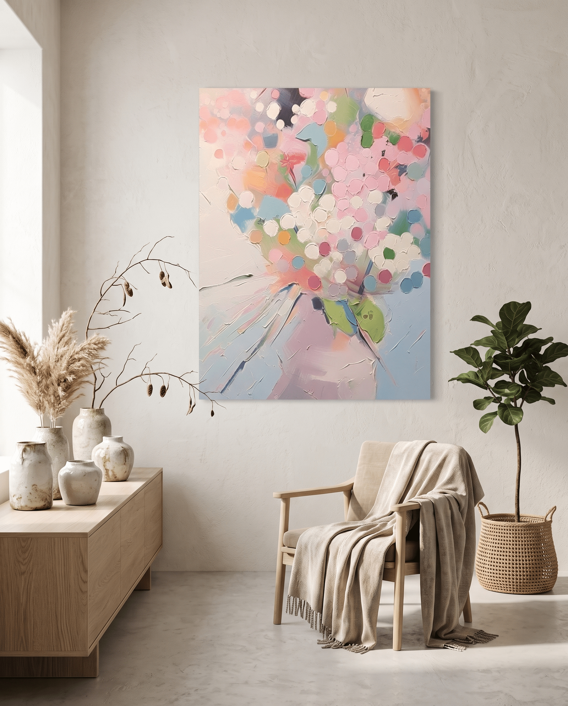 Pastel Bloemenboeket – Abstract Schilderij (Wit & Roze) - Volsani