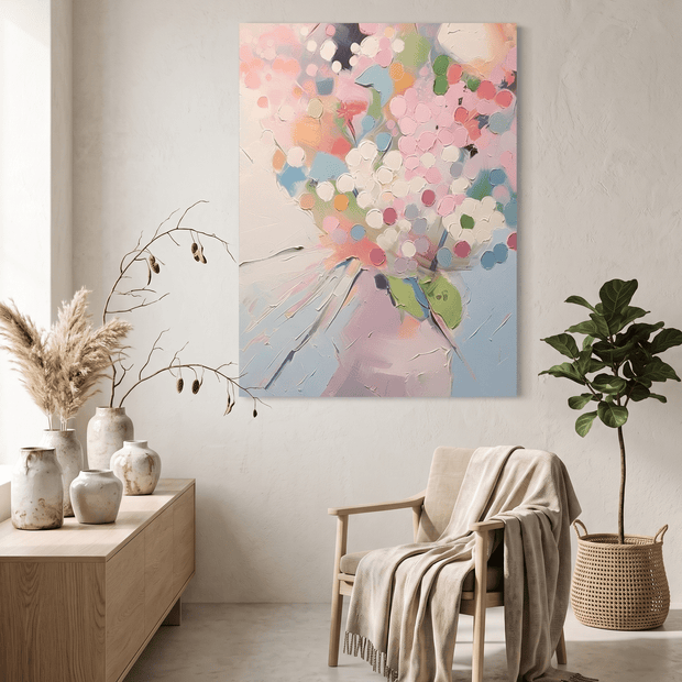 Pastel Bloemenboeket – Abstract Schilderij (Wit & Roze) - Volsani