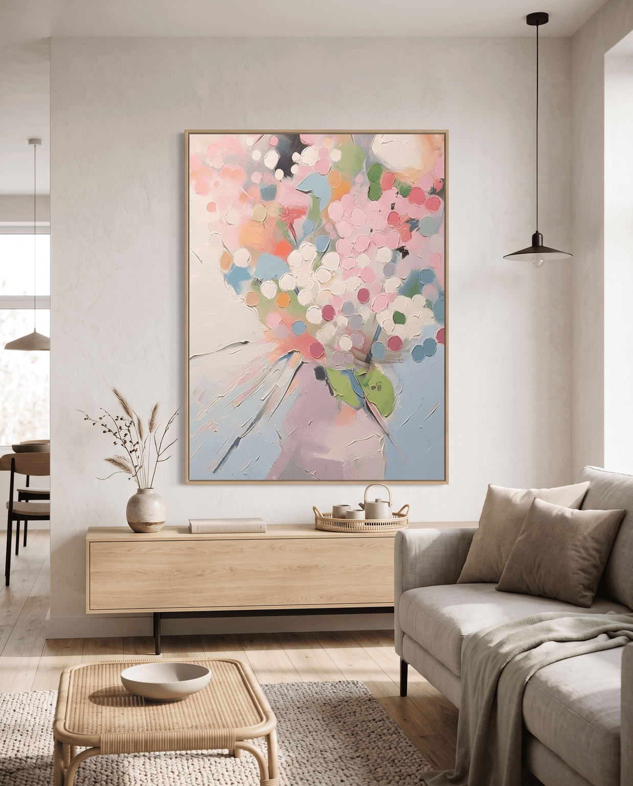 Pastel Bloemenboeket – Abstract Schilderij (Wit & Roze) - Volsani