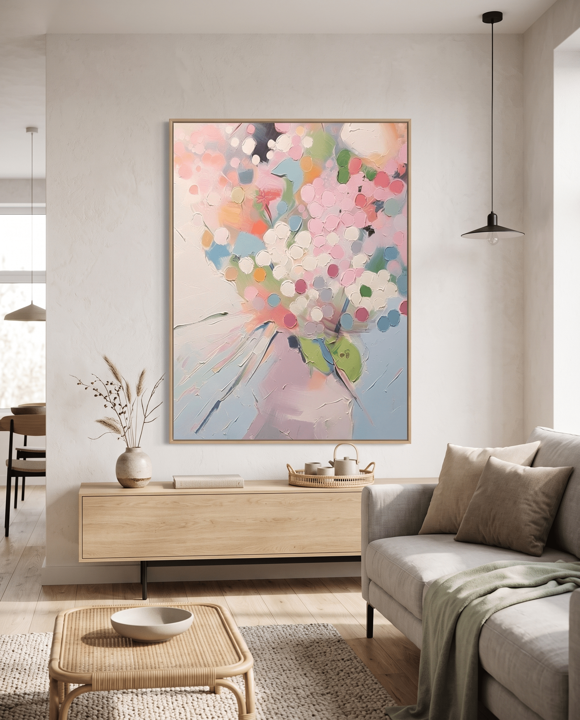 Pastel Bloemenboeket – Abstract Schilderij (Wit & Roze) - Volsani