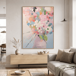 Pastel Bloemenboeket – Abstract Schilderij (Wit & Roze) - Volsani