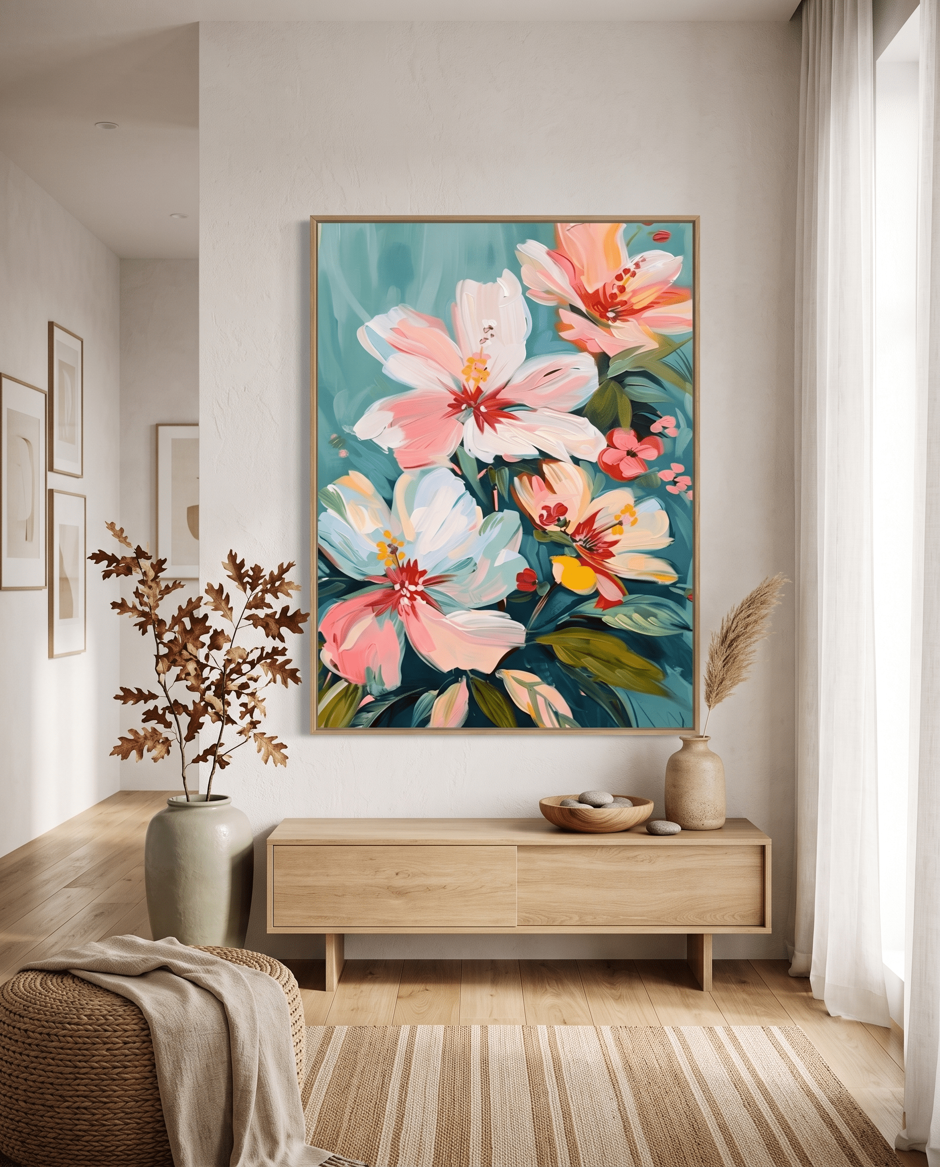 Perzik Bloemen op Teal – Pastel Bloemschilderij - Volsani