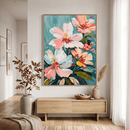 Perzik Bloemen op Teal – Pastel Bloemschilderij - Volsani
