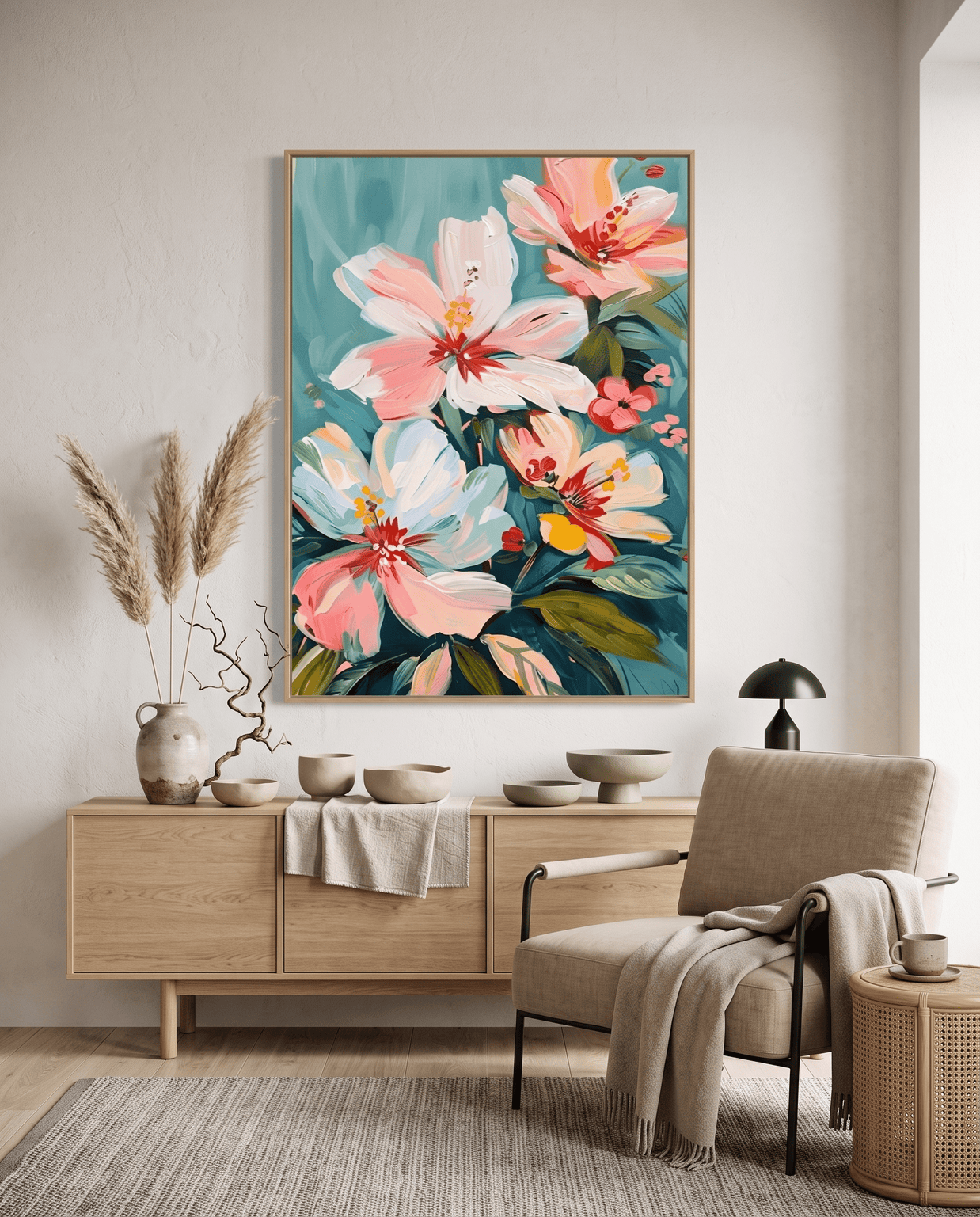 Perzik Bloemen op Teal – Pastel Bloemschilderij - Volsani