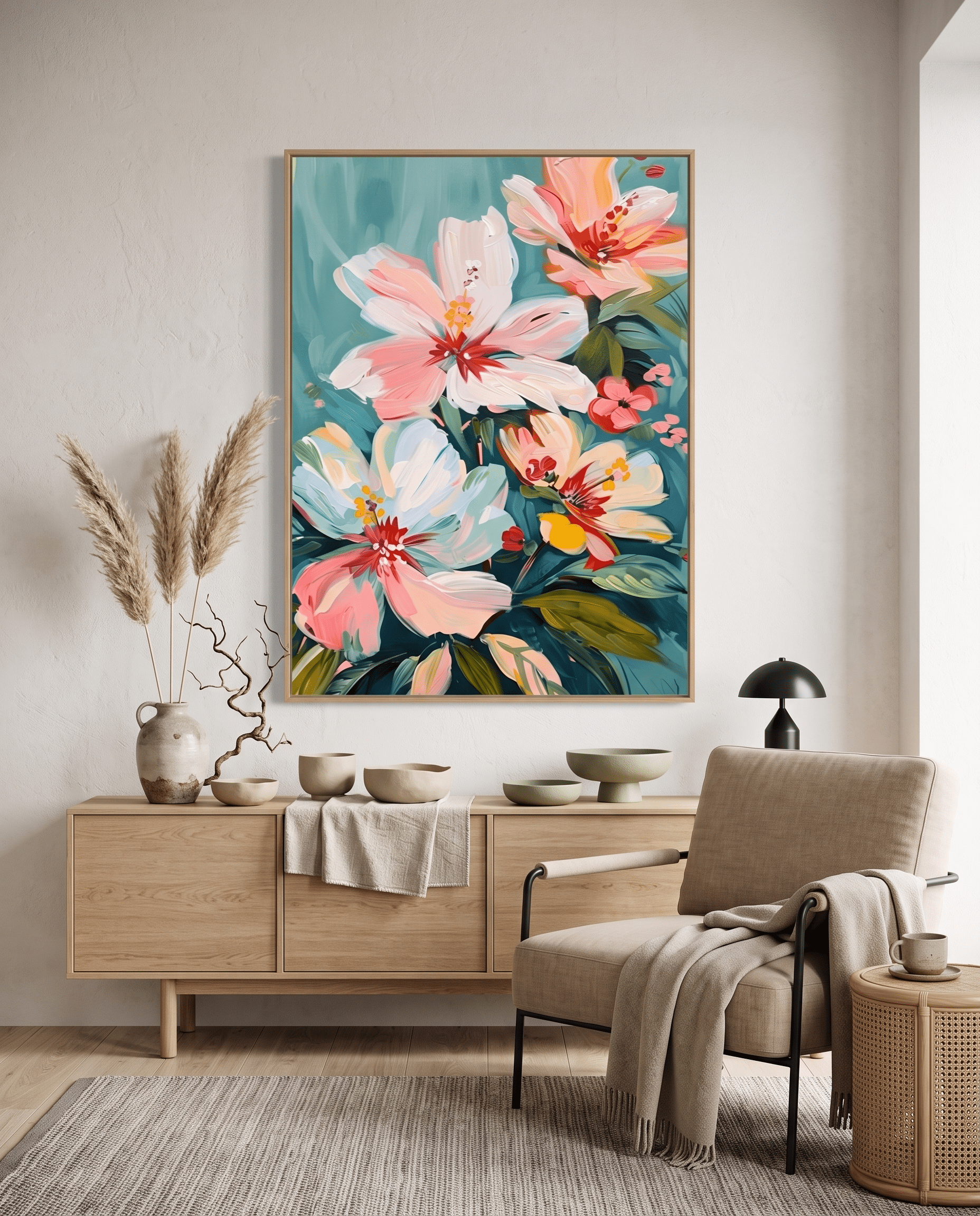 Perzik Bloemen op Teal – Pastel Bloemschilderij - Volsani