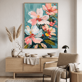 Perzik Bloemen op Teal – Pastel Bloemschilderij - Volsani