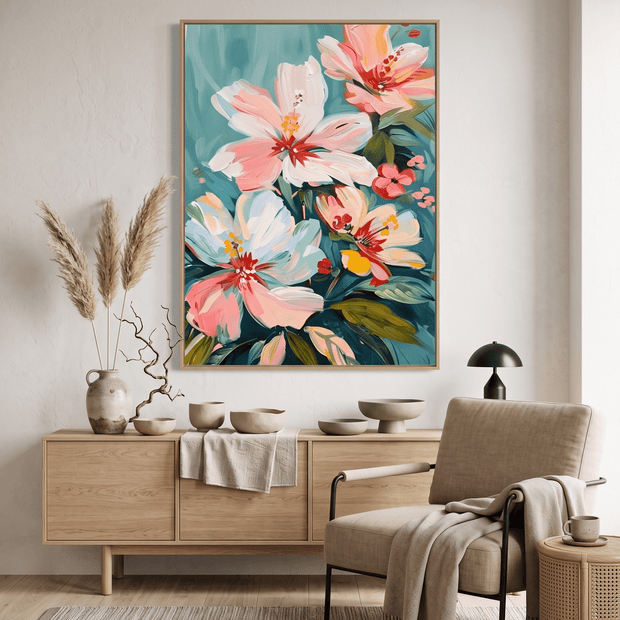 Perzik Bloemen op Teal – Pastel Bloemschilderij - Volsani