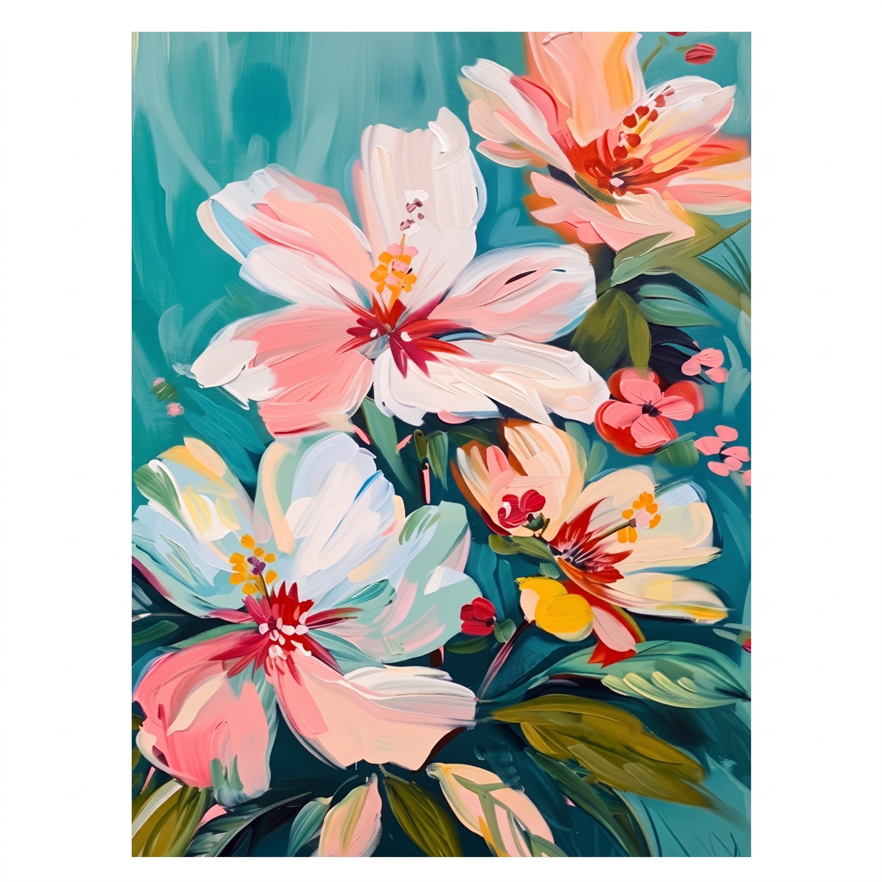 Perzik Bloemen op Teal – Pastel Bloemschilderij - Volsani