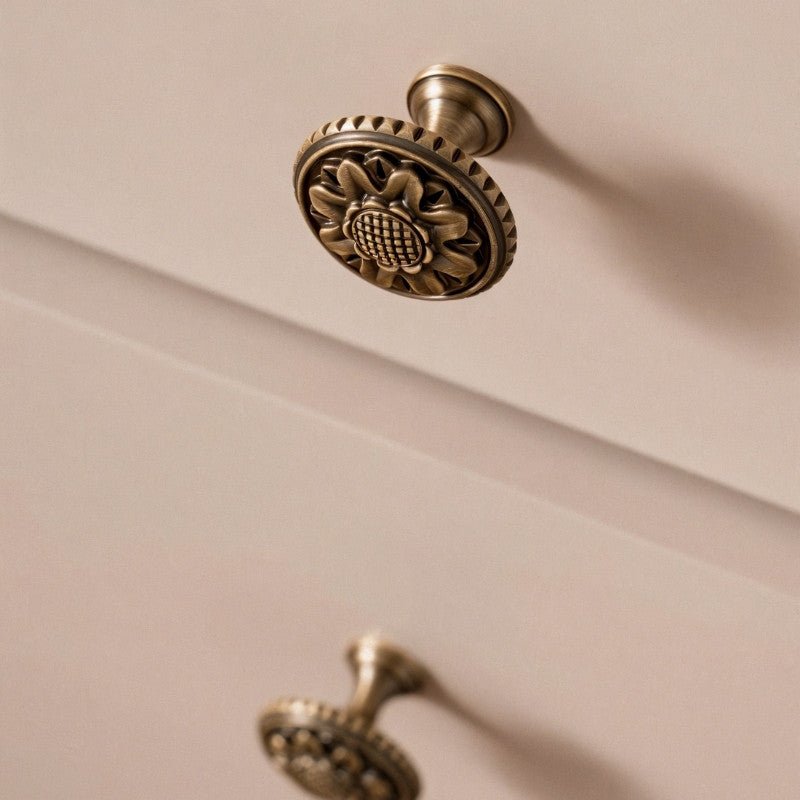 Solid Brass Floral Cabinet Knobs, Traditional Kitchen & Wardrobe Hardware, Textured Border, Set of 2, 1.3 x 1.1in