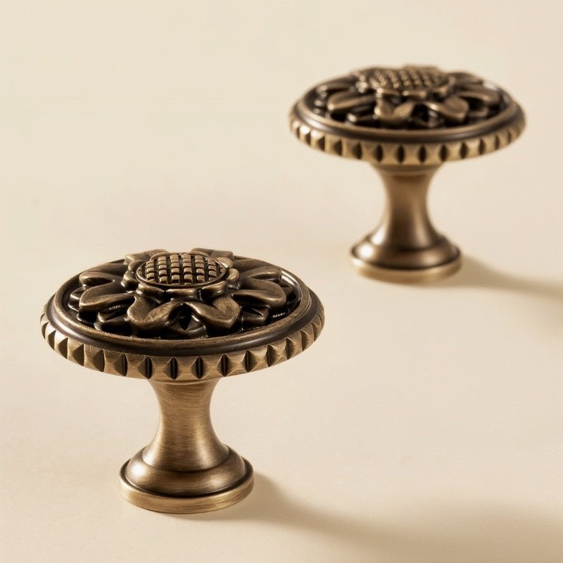 Solid Brass Floral Cabinet Knobs, Traditional Kitchen & Wardrobe Hardware, Textured Border, Set of 2, 1.3 x 1.1in