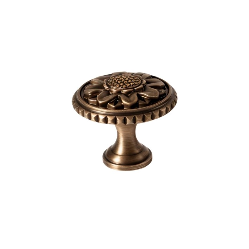 Solid Brass Floral Cabinet Knobs, Traditional Kitchen & Wardrobe Hardware, Textured Border, Set of 2, 1.3 x 1.1in