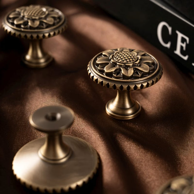 Solid Brass Floral Cabinet Knobs, Traditional Kitchen & Wardrobe Hardware, Textured Border, Set of 2, 1.3 x 1.1in