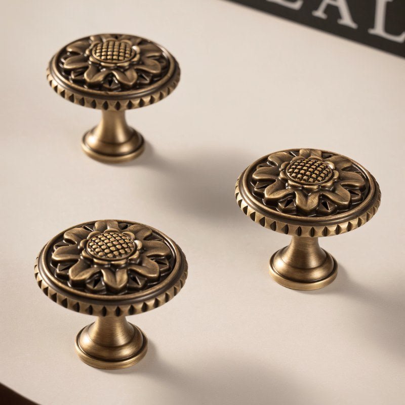 Solid Brass Floral Cabinet Knobs, Traditional Kitchen & Wardrobe Hardware, Textured Border, Set of 2, 1.3 x 1.1in