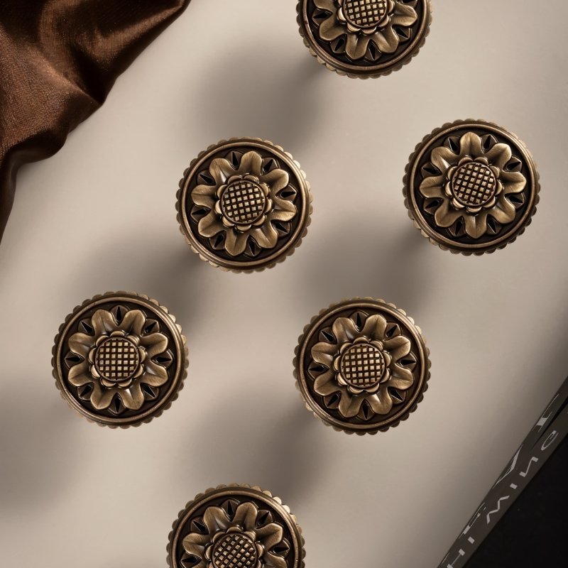 Solid Brass Floral Cabinet Knobs, Traditional Kitchen & Wardrobe Hardware, Textured Border, Set of 2, 1.3 x 1.1in