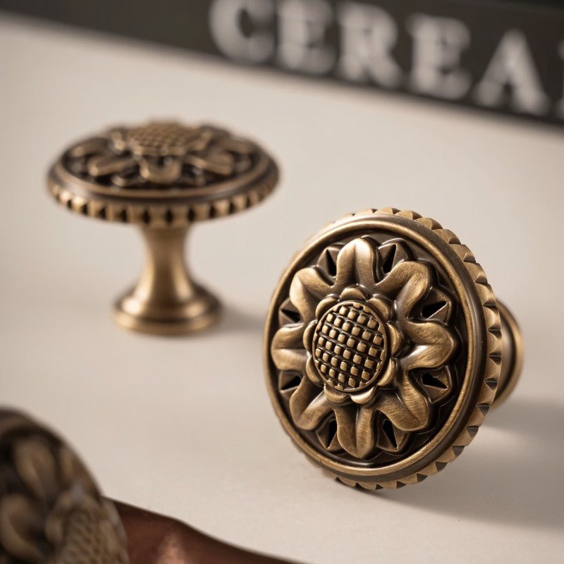 Solid Brass Floral Cabinet Knobs, Traditional Kitchen & Wardrobe Hardware, Textured Border, Set of 2, 1.3 x 1.1in