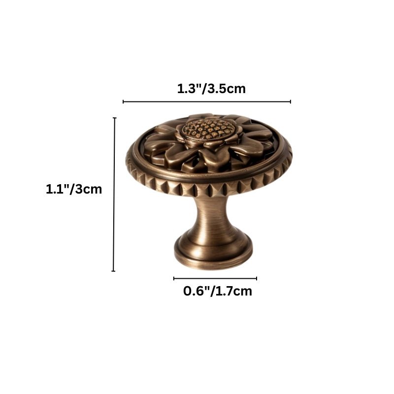 Solid Brass Floral Cabinet Knobs, Traditional Kitchen & Wardrobe Hardware, Textured Border, Set of 2, 1.3 x 1.1in