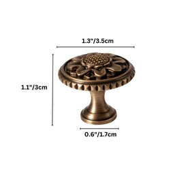 Solid Brass Floral Cabinet Knobs, Traditional Kitchen & Wardrobe Hardware, Textured Border, Set of 2, 1.3 x 1.1in