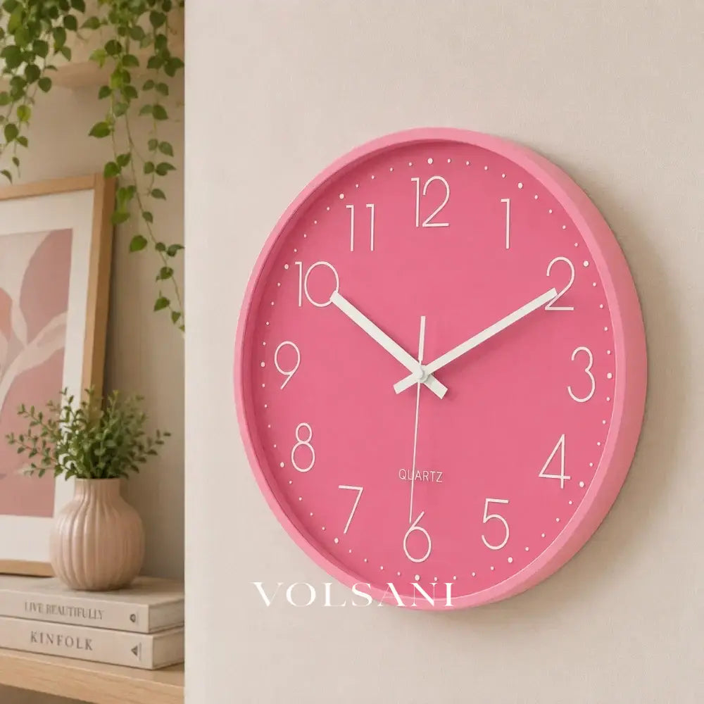 Pink Wall Clock with Luminous Numerals Nordic Bedroom & Living Room Clock Non Ticking Silent Sweep 2 Frames 12in