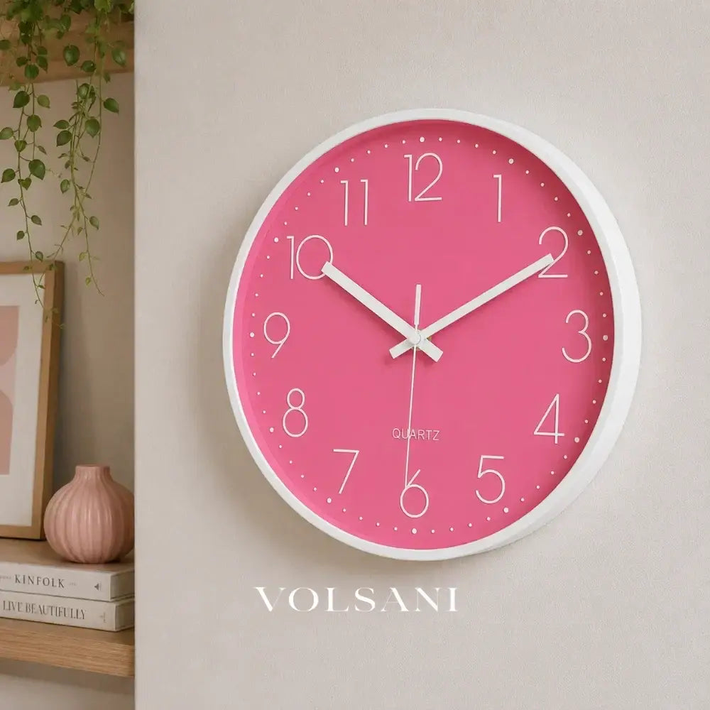 Pink Wall Clock with Luminous Numerals Nordic Bedroom & Living Room Clock Non Ticking Silent Sweep 2 Frames 12in