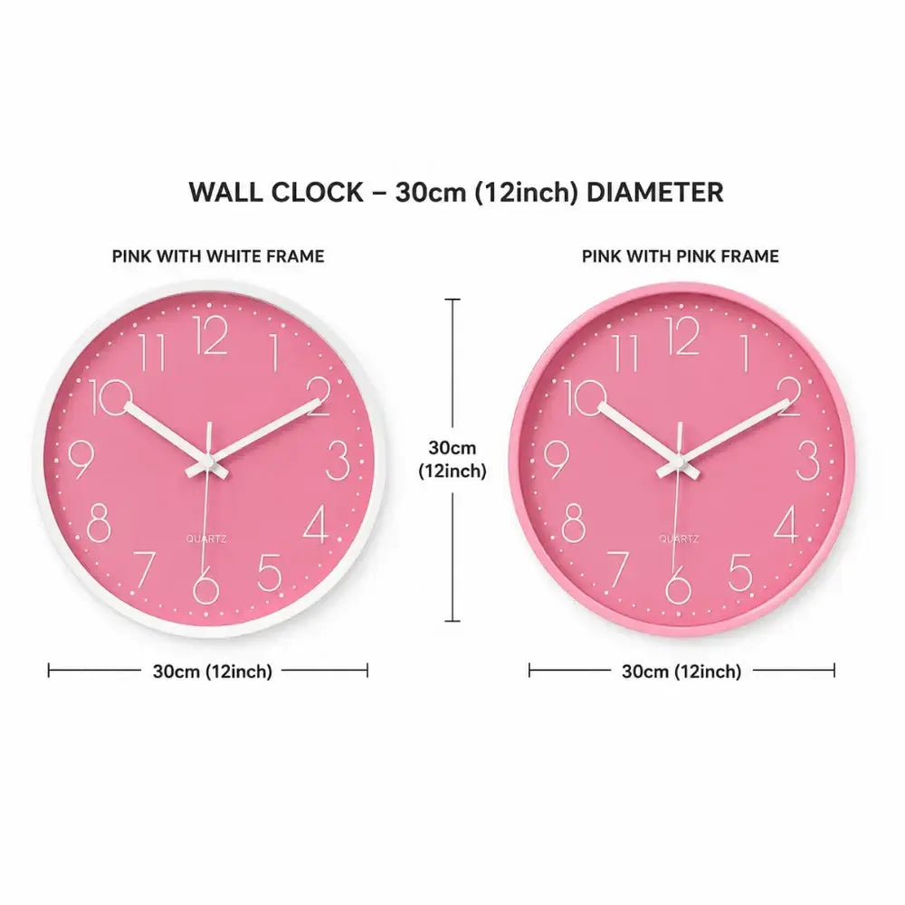 Pink Wall Clock with Luminous Numerals Nordic Bedroom & Living Room Clock Non Ticking Silent Sweep 2 Frames 12in