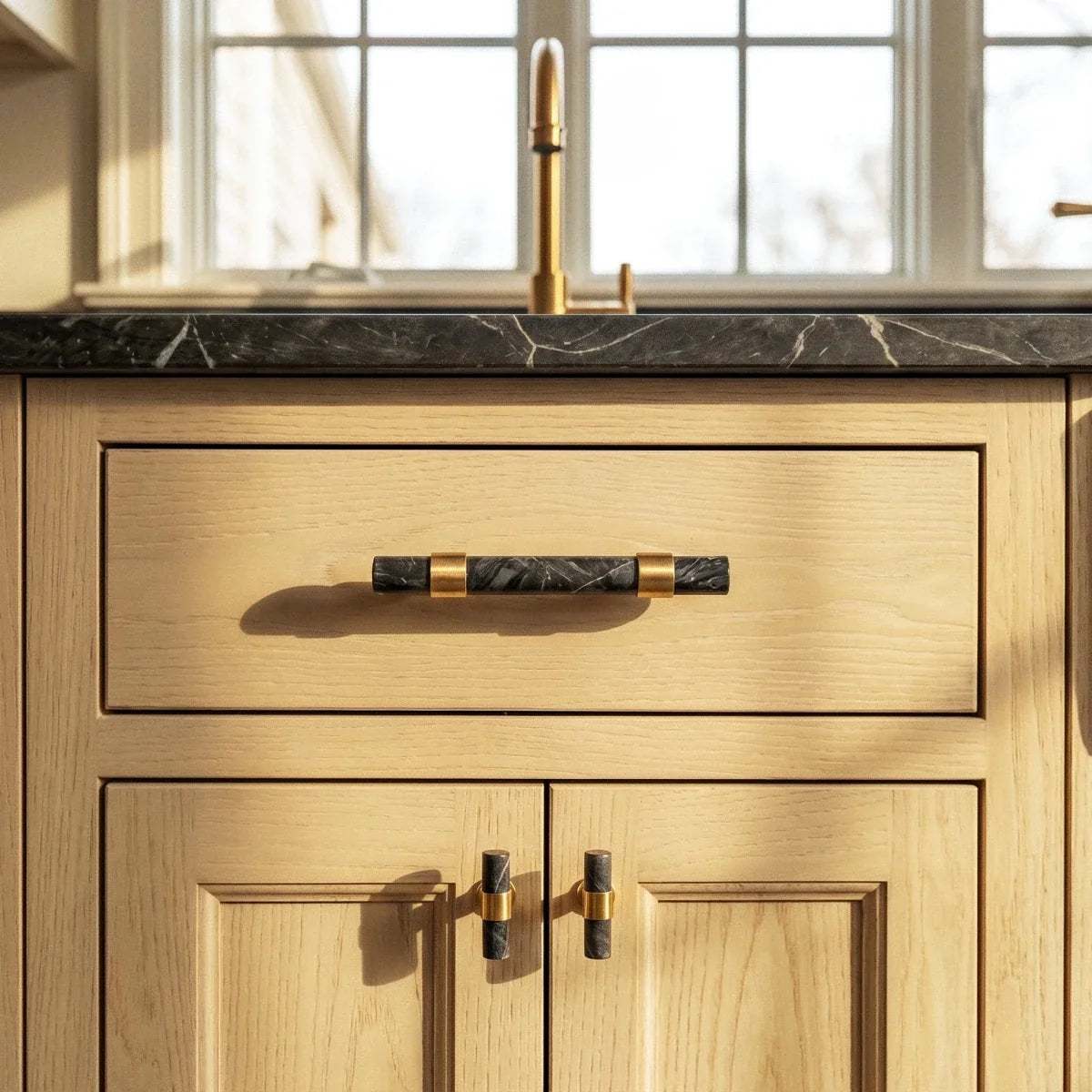 Natural Marble & Crystal Cabinet Knobs & Drawer Pulls, Modern Kitchen & Dresser Hardware, Brass Fittings, Set of 2 in 5 Colors, 2.4-5in