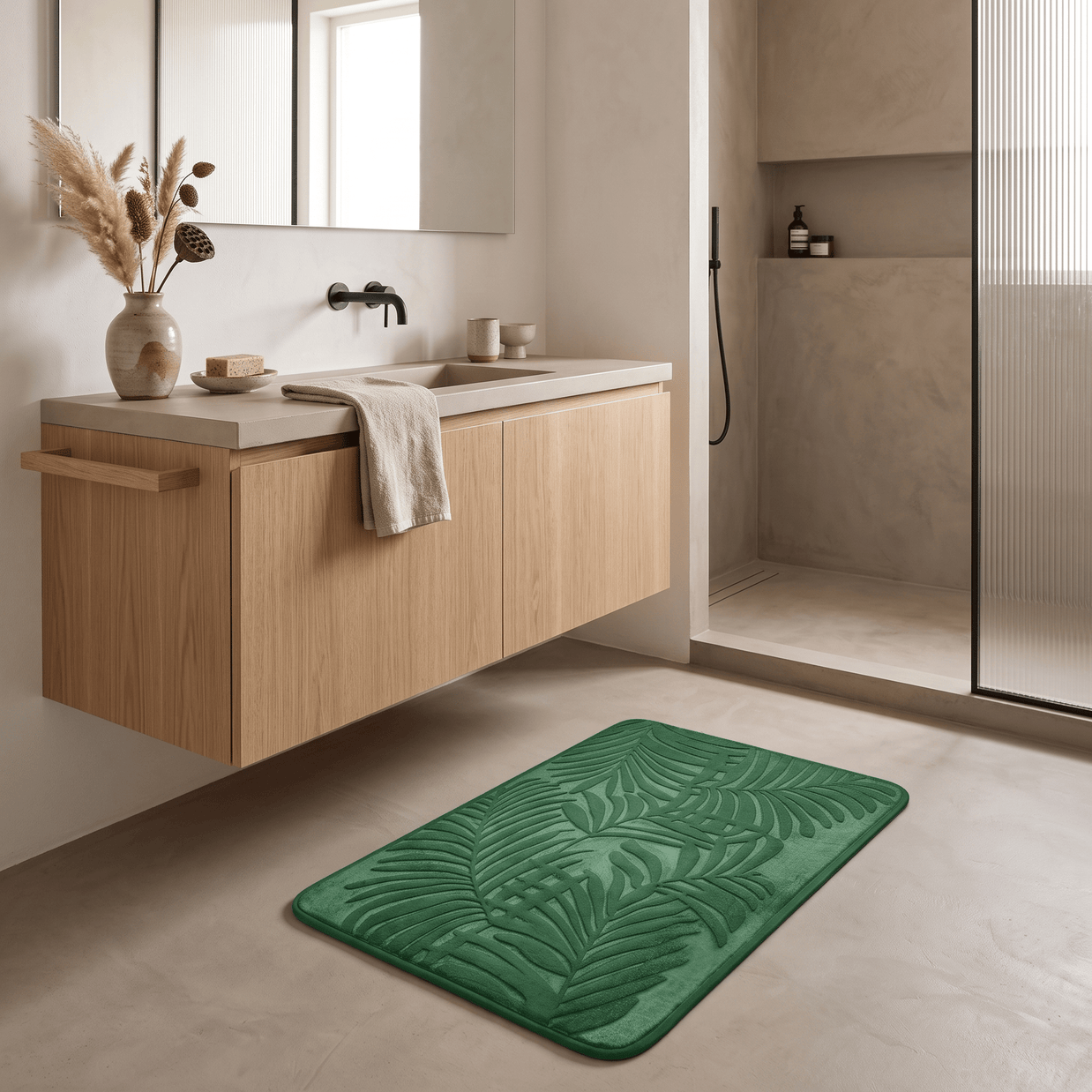 PUCK: Memory Foam Badmat – Antislip met Bladmotief - Volsani