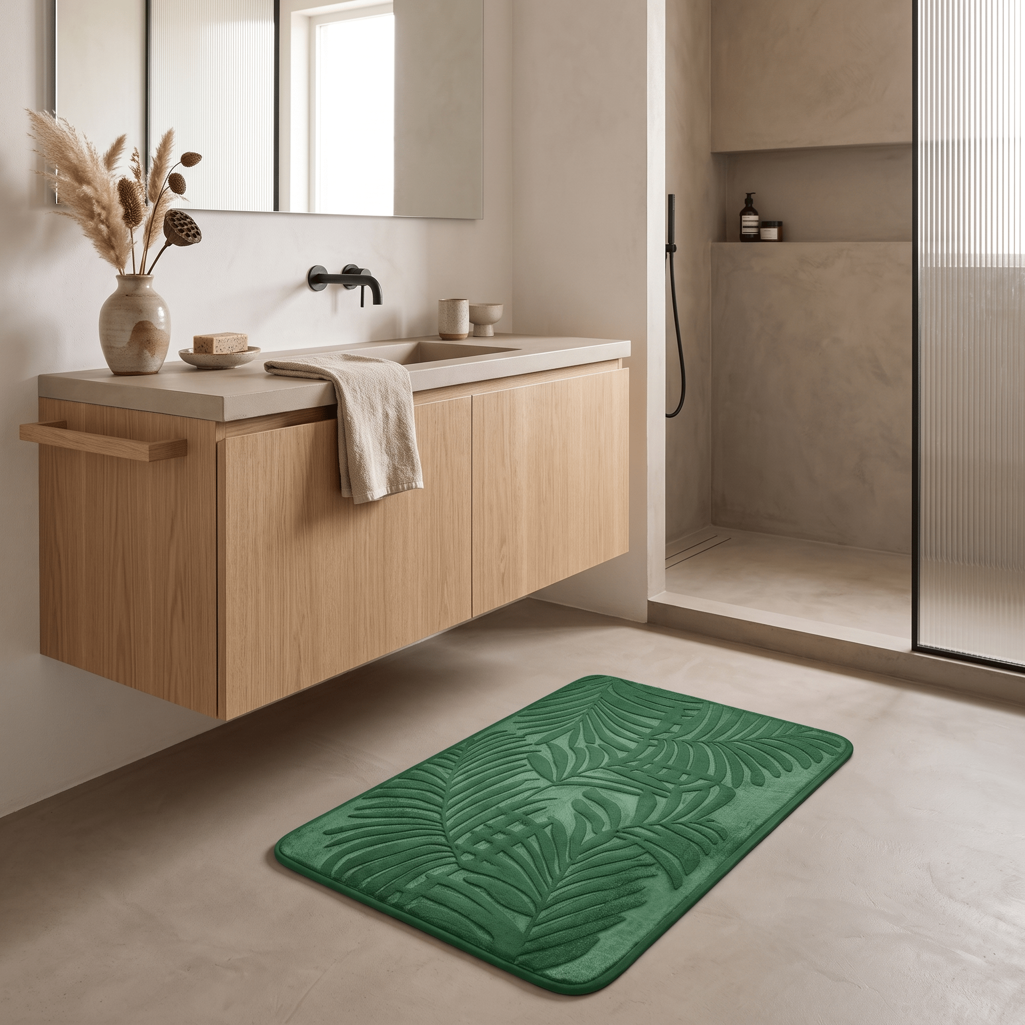 PUCK: Memory Foam Badmat – Antislip met Bladmotief - Volsani