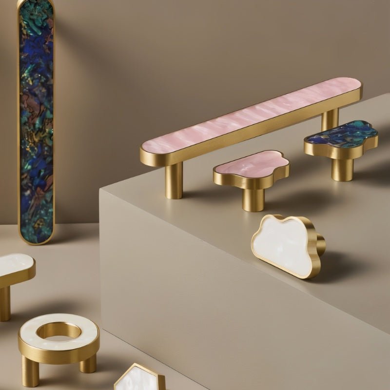 Shell Inlay & Brass Cabinet Knobs & Pull Bars, Contemporary Kitchen & Wardrobe Hardware, Pearl Texture, Set of 2, 0.8-5in