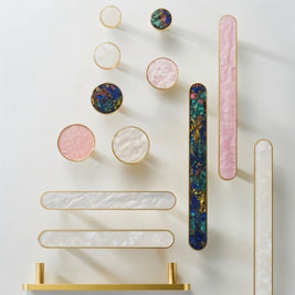 Shell Inlay & Brass Cabinet Knobs & Pull Bars, Contemporary Kitchen & Wardrobe Hardware, Pearl Texture, Set of 2, 0.8-5in