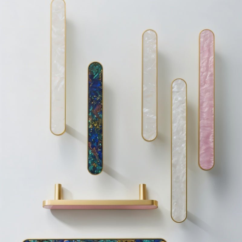 Shell Inlay & Brass Cabinet Knobs & Pull Bars, Contemporary Kitchen & Wardrobe Hardware, Pearl Texture, Set of 2, 0.8-5in