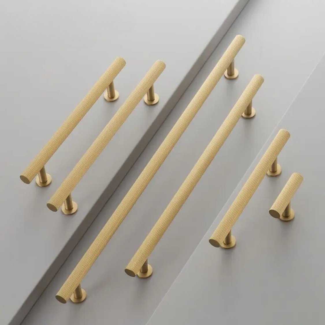 Knurled Solid Brass Cabinet Knobs & Drawer Pull Bars, Modern Kitchen & Wardrobe Hardware, 3 Finishes, Set of 2, 1.97-12.6in