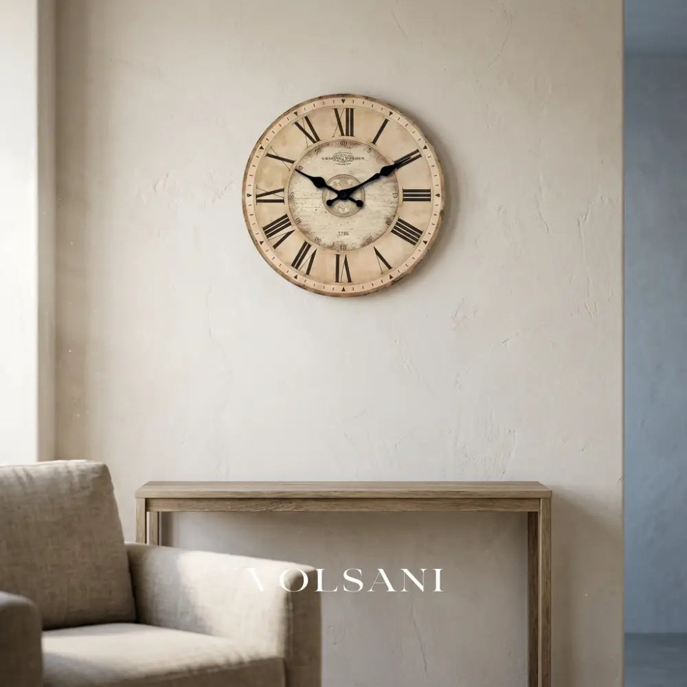 JULES antique Roman numeral wall clock above a console table in a living room