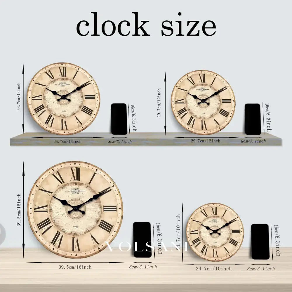 Roman Numeral Wall Clock with Antique Dial Silent Living Room & Bedroom Clock Non Ticking Sweep Movement 4 Sizes