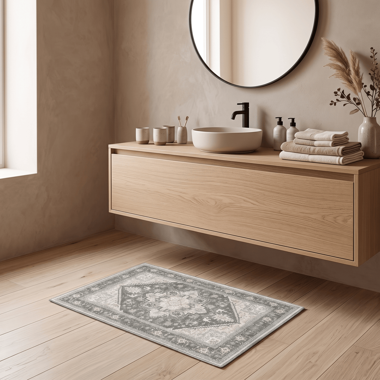 ROOS: Boho Badmat – Antislip Flanel Badkamermat (Perzisch Patroon) - Volsani