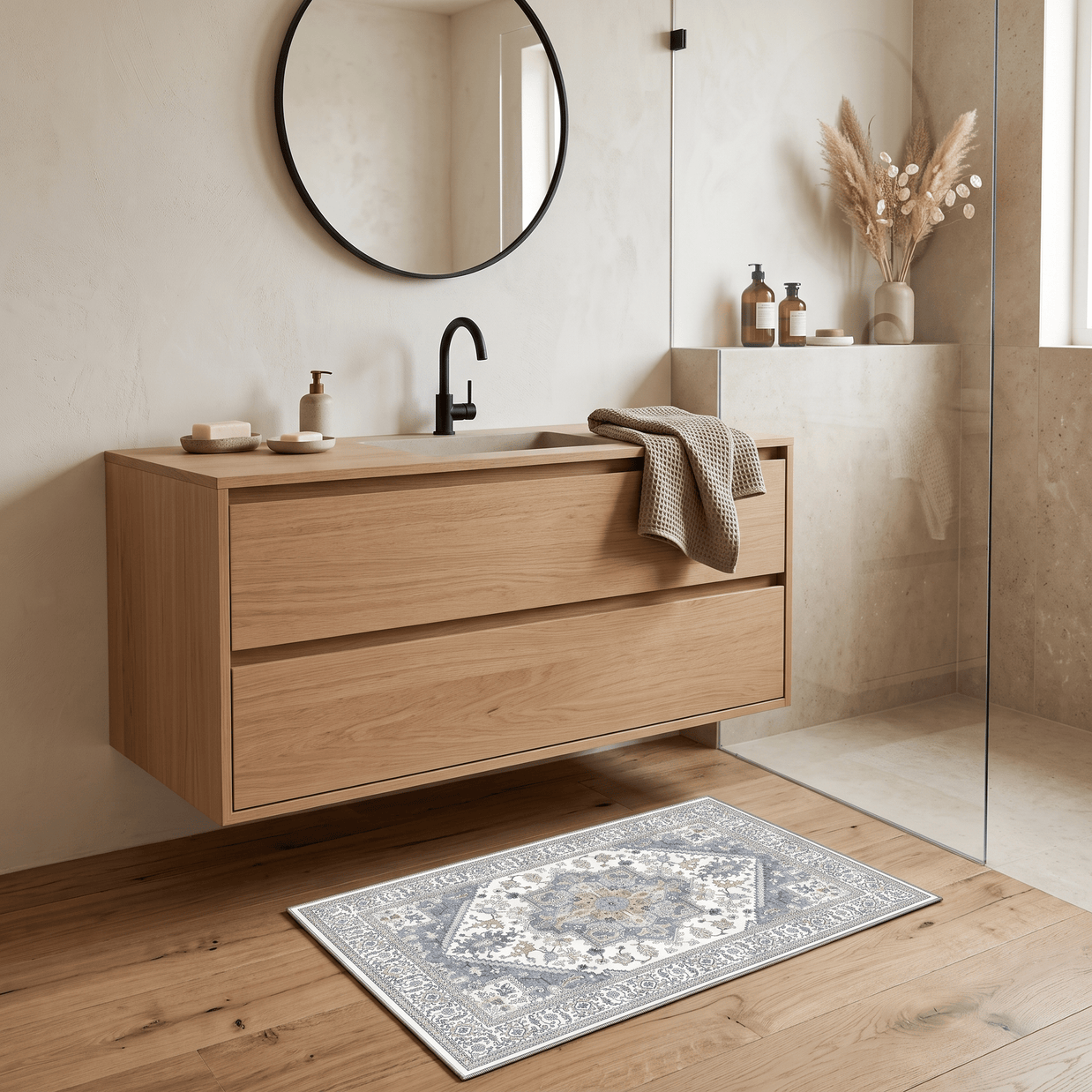 ROOS: Boho Badmat – Antislip Flanel Badkamermat (Perzisch Patroon) - Volsani