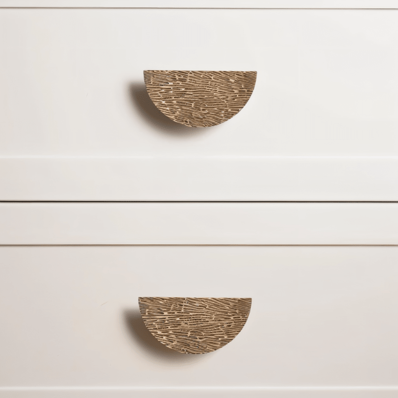 Solid Brass Half-Moon Drawer Pulls, Modern Kitchen & Vanity Hardware, Organic Textured Surface, Set of 2, 2.5in Hole Spacing