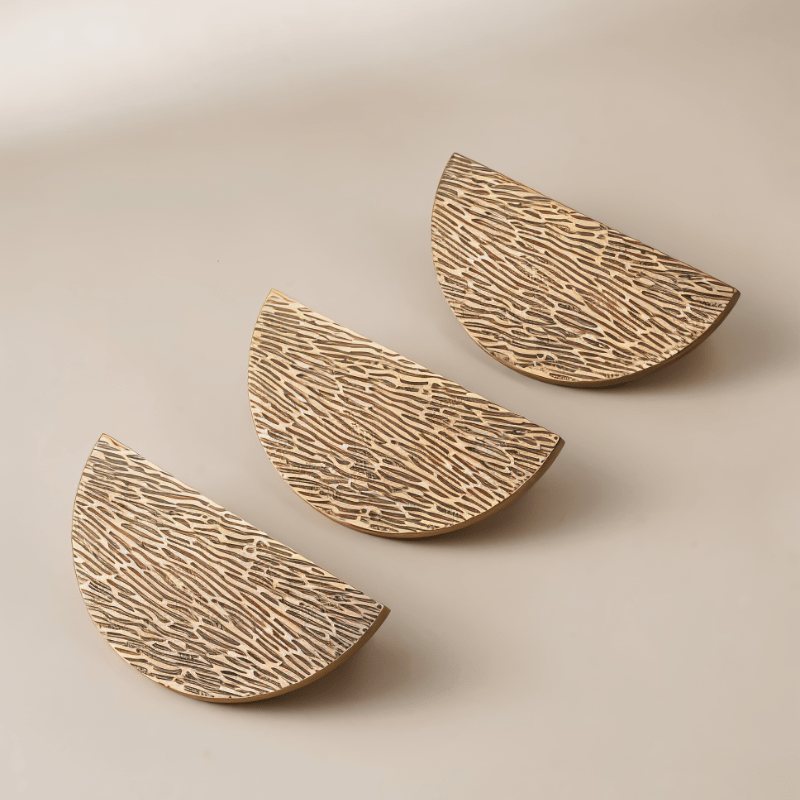 Solid Brass Half-Moon Drawer Pulls, Modern Kitchen & Vanity Hardware, Organic Textured Surface, Set of 2, 2.5in Hole Spacing