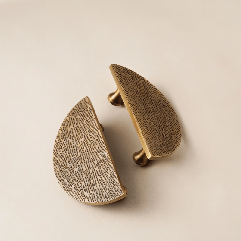 Solid Brass Half-Moon Drawer Pulls, Modern Kitchen & Vanity Hardware, Organic Textured Surface, Set of 2, 2.5in Hole Spacing