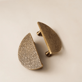 Solid Brass Half-Moon Drawer Pulls, Modern Kitchen & Vanity Hardware, Organic Textured Surface, Set of 2, 2.5in Hole Spacing