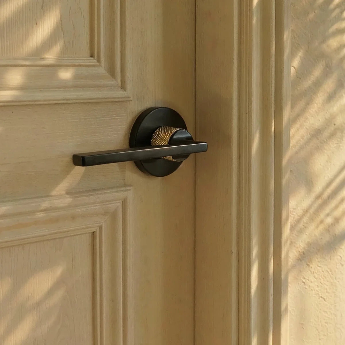 Brass Door Handle & Lock Set, Modern Interior & Bedroom Door Hardware, Textured Brass Grip, Three Lock Configurations, 5.4 x 2in
