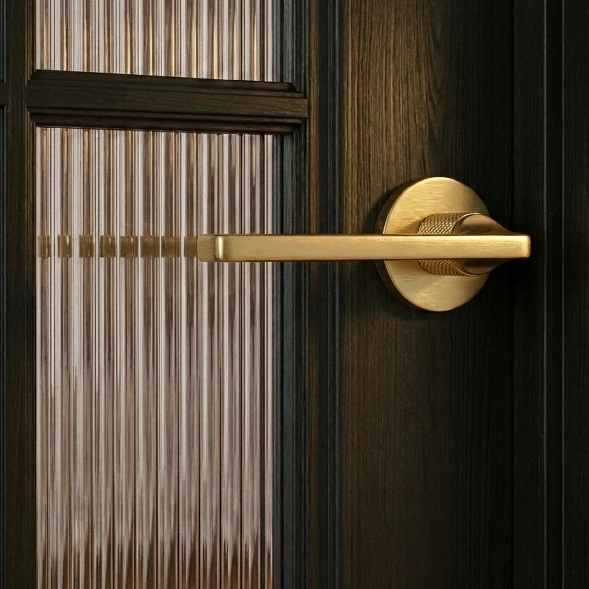 Brass Door Handle & Lock Set, Modern Interior & Bedroom Door Hardware, Textured Brass Grip, Three Lock Configurations, 5.4 x 2in