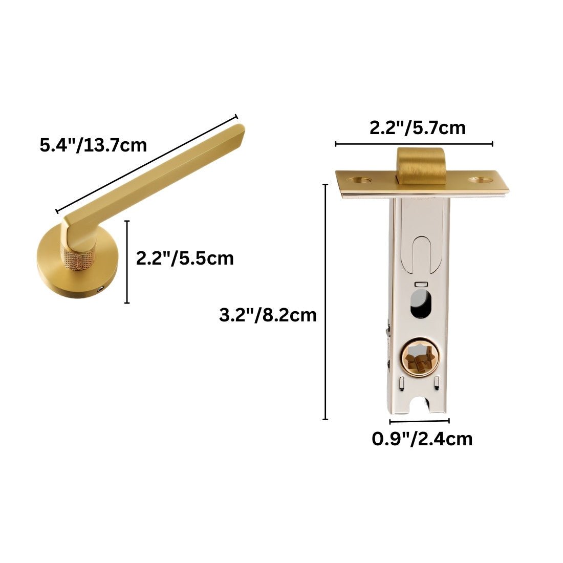 Brass Door Handle & Lock Set, Modern Interior & Bedroom Door Hardware, Textured Brass Grip, Three Lock Configurations, 5.4 x 2in